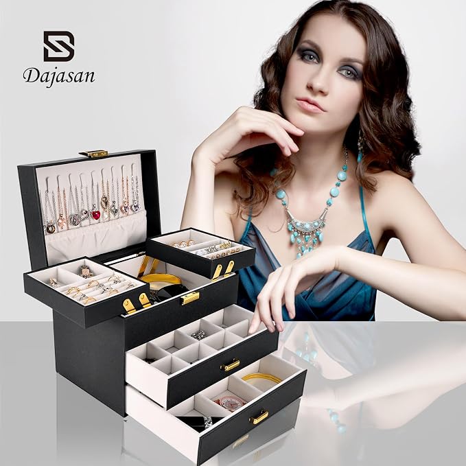 Dajasan Jewelry Organizer Box, Large Jewelry Boxes for Women Girls, Space-Saving 4 Layers Jewelry Storage Case with Drawer, Movable Metal Stand, Modern, Gift Idea (Black + Gold)