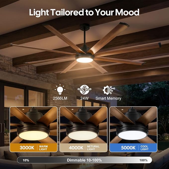 72" Outdoor Ceiling Fan with Light, Smart Alexa/App/Remote Control, 8 Walnut Finish Anti-Rust Aluminum Blades, 9799 CFM High Airflow, Quiet Reversible DC Motor, Modern Farmhouse Fan for Patios Garage