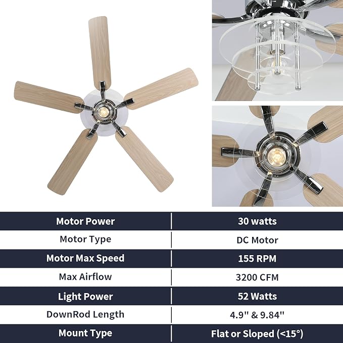 52" Ceiling Fan with Light Modern Chrome Chandelier Fan Reversible DC Motor Quiet Fandelier with 5 Blades for Bedroom, Living Room, Patios, Shop, Ventilador de Techo