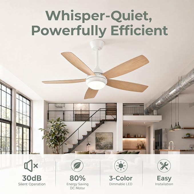 42 inch Ceiling Fan with Lights, 5 Blades, 6 Speeds DC Reversible, Dimmable, Low Profile Ceiling Fan with Light and Remote Control for Bedroom or Living Room