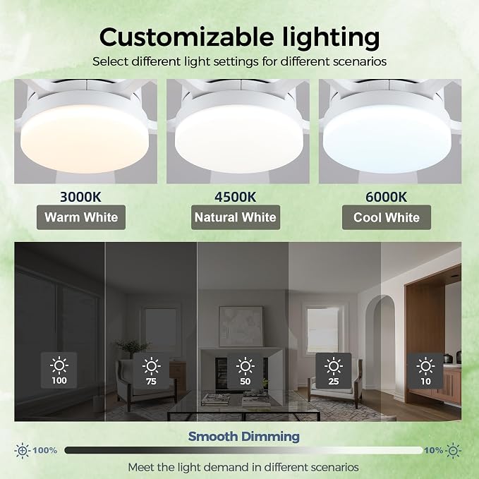 Ceiling Fans with Lights, 48 Inch Ceiling Fan with Light And Remote/APP,Low Profile Ceiling Fan with Light,DC Reversible,6 Speed Noiseless LED Ceiling Fan,White Small Ceiling Fan for Bedroom