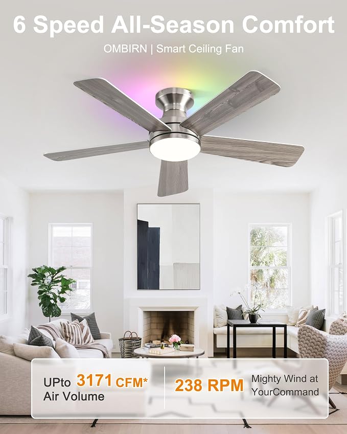 42 Inch Ceiling Fans with Lights, Smart Ceiling Fan with Alexa Google App, Nickel Ceiling Fan with RGB Lights Remote, 6 Speeds Reversible DC Motor, Modern Flush Mount for Bedroom Living Room