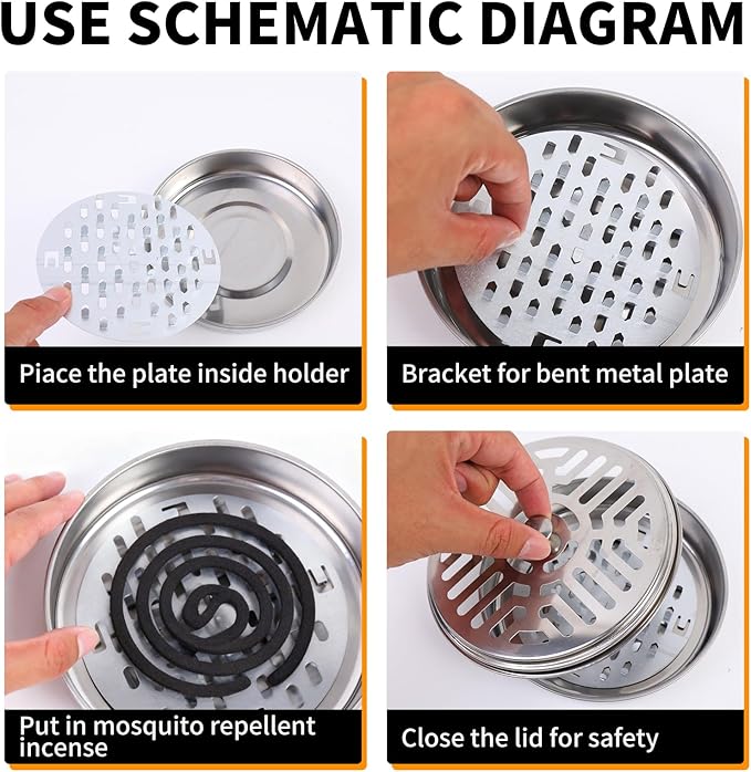 5.71''*1.77''/14.5cm*4.5cm Portable Mosquito citronella Coil Holder, Durable Stainless Steel Incense Burner Metal for Indoor and Outdoor Use, Home, Camping(8pcs)