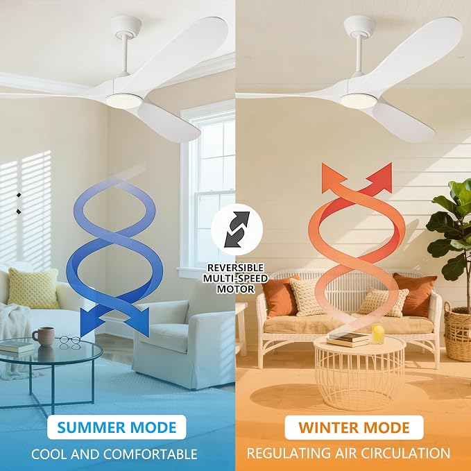 White 60 inch Ceiling Fan with Light and Remote, Modern Outdoor Ceiling Fans with Lights for Indoor Living Room Patios Porch Bedroom 3 Blade Propeller High CFM Wet Rated Wooden Fan