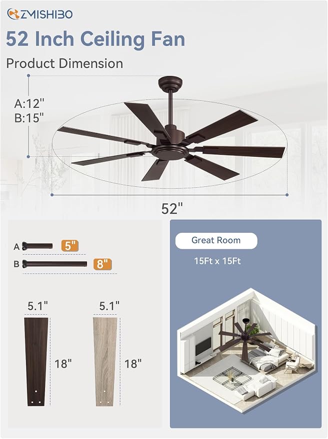 ZMISHIBO 52“ Ceiling Fans No Light with Remote, Bronze Farmhouse Ceiling Fan Without Light, Quiet Reversible DC Motor 6 Speeds, 7 Blades Indoor/Outdoor Ceiling Fan for Living Room Bedroom Patio Garage