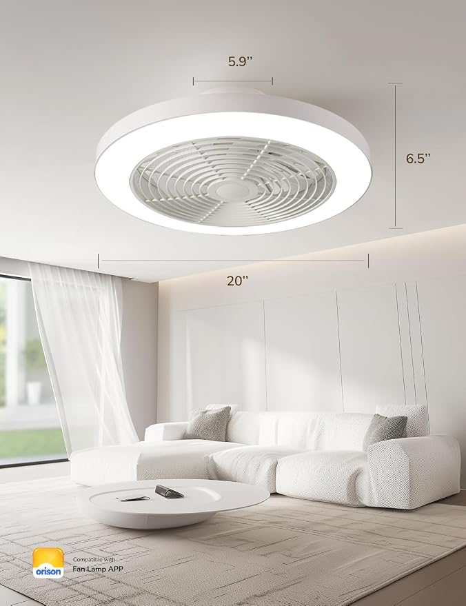 Orison Ceiling Fans with Lights, Low Profile Ceiling Fan with Lights and Remote, 6 Wind Speeds Smart Flush Mount Ceiling Fan for Bedroom, Kids Room and Living Room 19.7" (White)