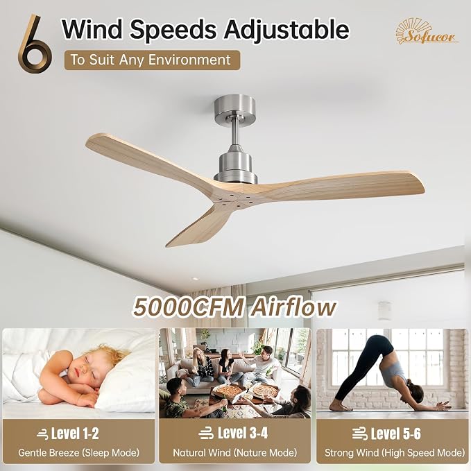 Sofucor 52 Inch Ceiling Fan No Light - Modern Solid Wood Ceiling Fan with Remote, 5000CFM High Airflow, Quiet DC Motor, 6 Speeds, Timer & Reversible for Bedroom Living Room, ETL, Wood