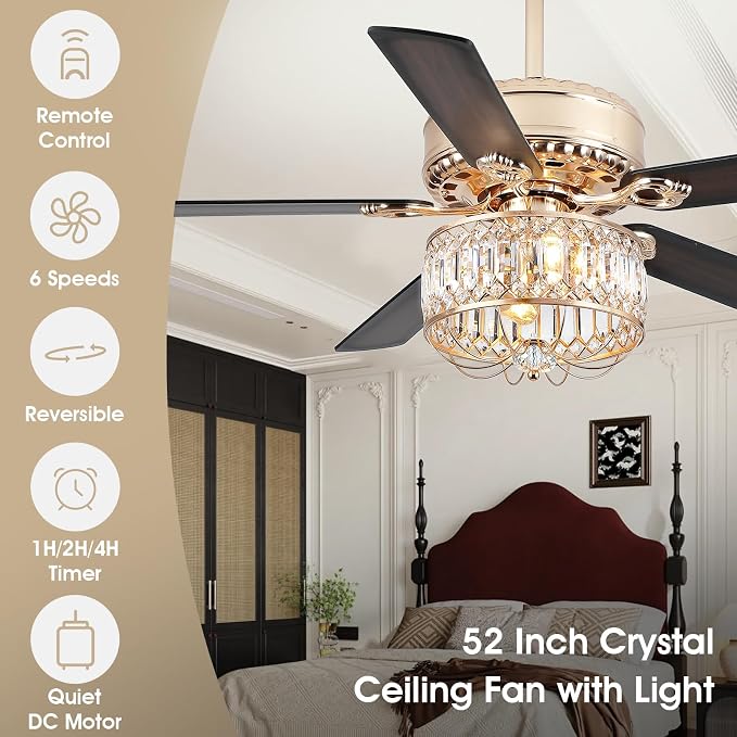 Kviflon Farmhouse Crystal Ceiling Fans with Lights and Remote, 52 Inch Chandelier Ceiling Fans, Gold Fandelier Ceiling Fan for Bedroom Living Room, Quiet DC Motor, Reversible, Bulb not Included