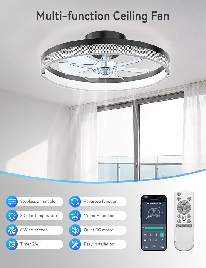 AKOFUN 18" Ceiling Fans with Lights and Remote, Low Profile Flush Mount Ceiling Fan with Light, 3000-6500K Dimmable LED Fan Light, Modern Bladeless Fandelier Ceiling Fans for Bedroom, Black Dot
