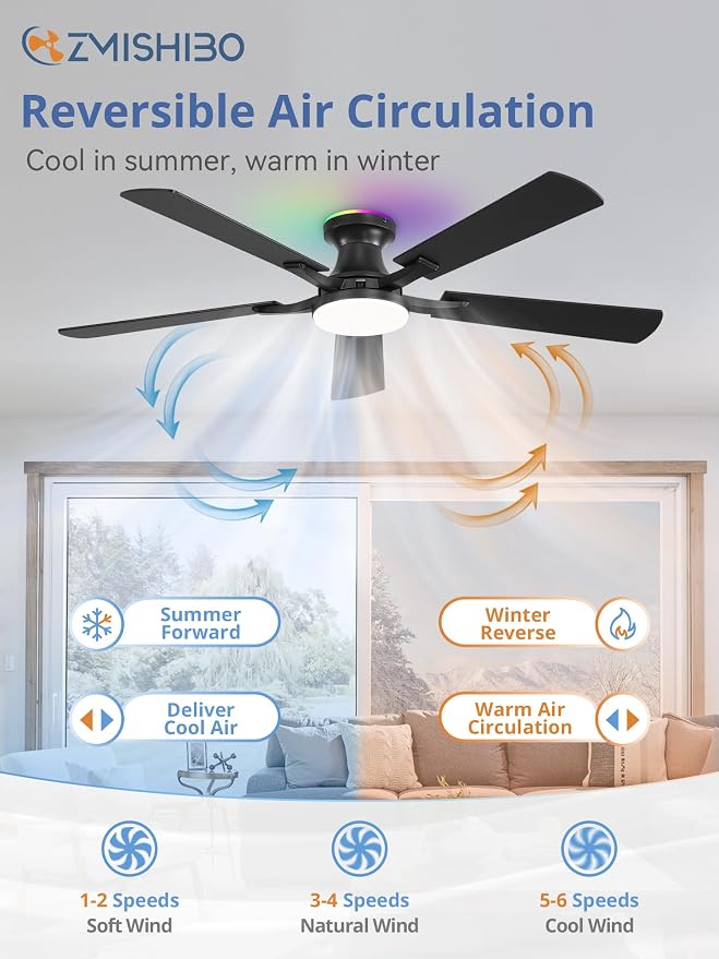 ZMISHIBO 52 Inch Smart Ceiling Fans with RGB Lights, Low Profile Flush Mount Ceiling Fan with Alexa/App/Remote Control, Dimmable 20W LED Light, Black Modern Fan for Living Room, Bedroom, Game Room