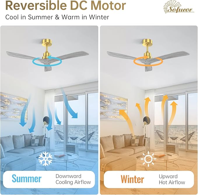 Sofucor 52 Inch Ceiling Fan No Light - Modern Solid Wood Ceiling Fan with Remote, 5000CFM High Airflow, Quiet DC Motor, 6 Speeds, Timer & Reversible for Bedroom Living Room, ETL, Gold