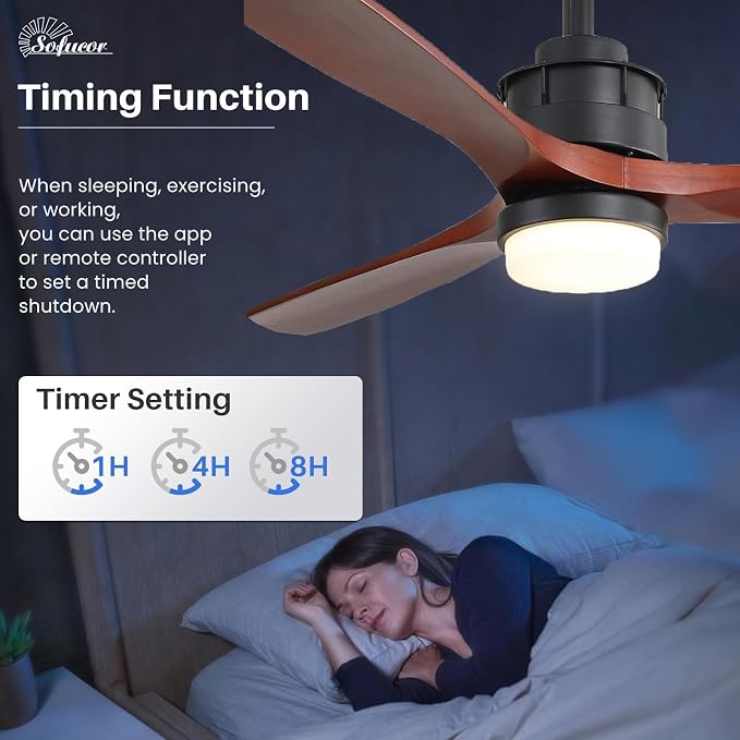 Sofucor Ceiling Fans With Lights, 60 Inch Solid Wood Ceiling Fan With Light Remote Control, Indoor/Outdoor Ceiling Fan with Reversible DC Motor, 6 Speed, 3 Blade Modern Ceiling Fans for Bedroom Patio