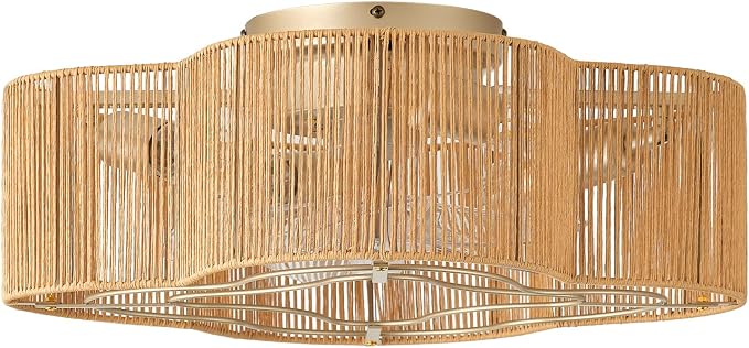 20" Boho Ceiling Fan with Light, Rattan Caged Flush Mount Ceiling Fan with Light Remote Control, Enclosed with 6 Speeds for Bedroom, Living Room, Foyer, Nursery