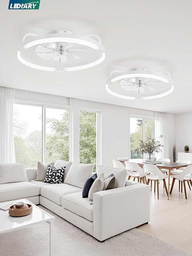 LEDIARY 2 Pack Ceiling Fans with Lights and Remote, 20'' Low Profile Ceiling Fan with Light, 3000-6000K Dimmable Fandelier LED Fan Light, 6 Wind Speeds, White Flush Mount Ceiling Fan for Bedroom