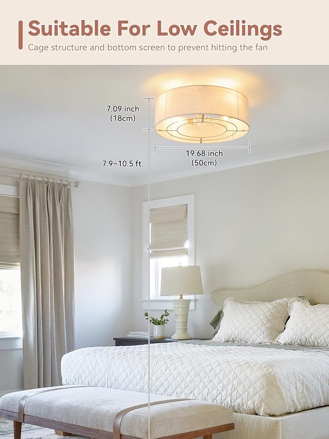 Low Profile Ceiling Fans with Lights, 20" Boho Rattan Ceiling Fan with Light Flush Mount and Remote Control, Drum Caged with 6 Speeds for Bedroom, Nursery, Living Room