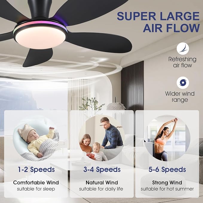 PHORUS 48" Black Modern Low Profile RGB Ceiling Fans with Lights and Remote | 13 RGB Modes,Supports Remote and APP,6 Wind Speeds, Reversible, Dimmable 3 CCT LED, 30W DC Motor,Suits for Bedroom Kidsroom