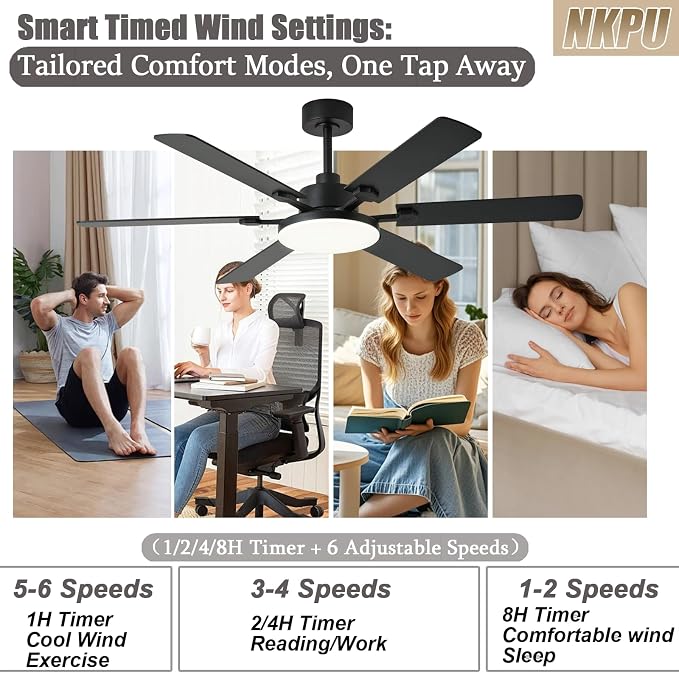 NKPU 56 Inch Ceiling Fans with Lights, Modern Black Ceiling Fan with Light and Remote Control, 6 Double Sided Blades, 6 Speed Reversible Motor, Dimmable LED, Silent Timing, Indoor Outdoor Patio Use