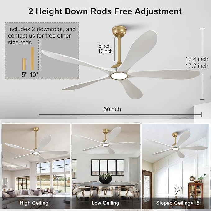 60 Inch White and Gold Ceiling Fans with Lights and Remote, Modern Outdoor Ceiling Fan with Light for Patio Porch Large Room, 3 Wood Blade, Memory Function, Quiet DC Motor, High CFM Airflow