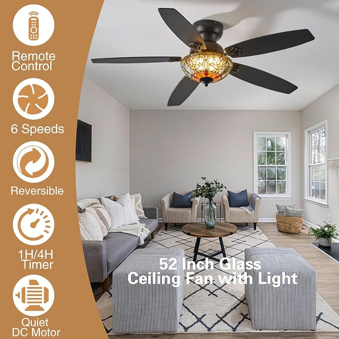 Ceiling Fans with Lights - 52" Ceiling Fan Chandelier with 5 Dual-Blades and Glass Shade, 6 Speeds and Reversible, Indoor and Outdoor, Retro Style