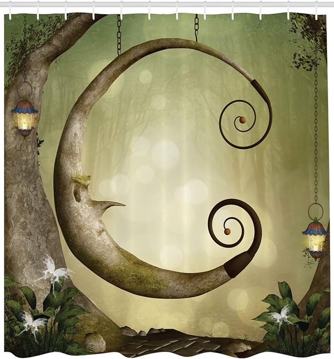 Ambesonne Cartoon Shower Curtain, Forest Secret Swing Old Tree Curly Half Moon Shaped Lamps Butterflies Print, Cloth Fabric Bathroom Decor Set with Hooks, 69" W x 70" L, Brown Khaki