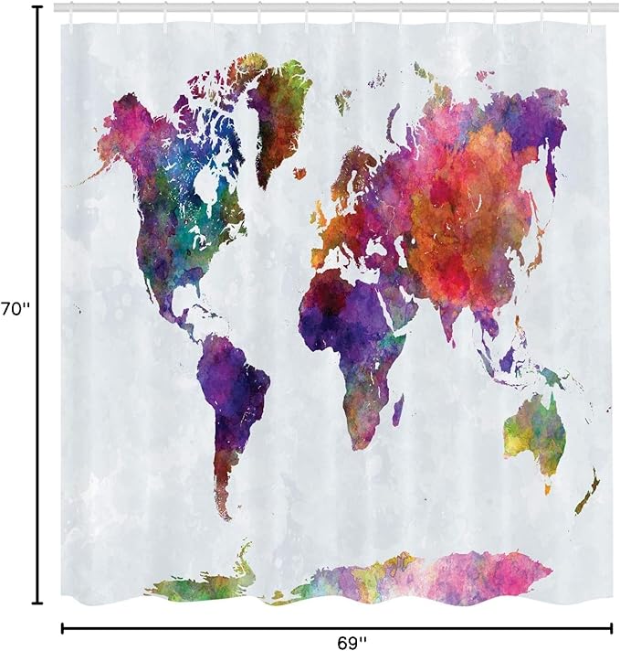 Ambesonne Watercolor Shower Curtain, Multicolored Hand Drawn World Map Asia Europe Africa America Geography Print, Cloth Fabric Bathroom Decor Set with Hooks, 69" W x 70" L, Purple Multicolor