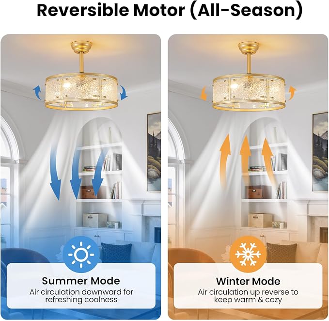 AIJIASI 20" Caged Ceiling Fans with Lights, Gold Fandelier Ceiling Fan with Light, Mid Century Chandelier Ceiling Fan with Remote Control, 6 Speeds for Bedroom, Nursery, Living Room
