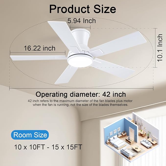 Modern Ceiling Fans with Lights - 42" Low Profile Ceiling Fan with Light and Remote, Flush Mount Reversible DC Motor, 6-Speed Quiet LED Dimmable for Bedroom, Indoor and Outdoor, Patios White