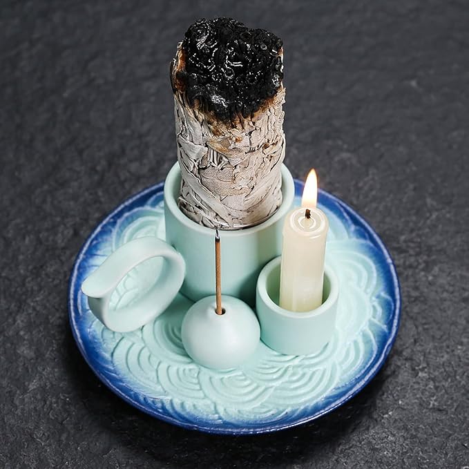 4 in 1 Ceramic Incense Burner Holder with Handle for Burning Sage, Palo Santo Stick, Joss Sticks, Candle in Your New House, Office, Yoga, Meditation Room (Sky Blue)