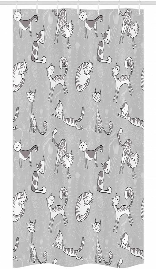 Ambesonne Grey Stall Shower Curtain, Cats Posing Over Floral Background Feline Kitten Kitty Cartoon Art Prints, Fabric Bathroom Decor Set with Hooks, 36" W x 72" L, White