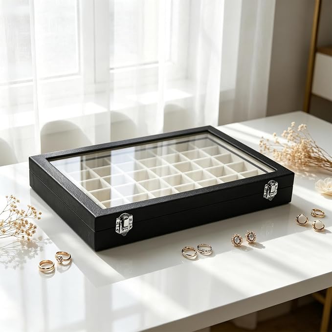 Stratalife 48 Grid Earring Organizer, Jewelry Holder Organizer with Lid | PU Leather Storage Box for Earring, Ring, Studs and Trinkets, Soft Velvet Drawer Organizer for Women, Dustproof, Beige Black