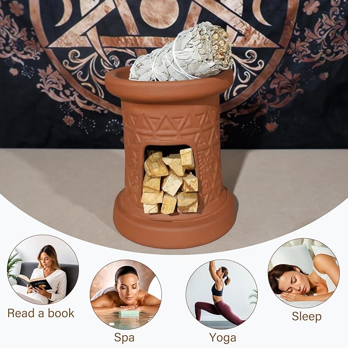 MOUGIGI 2 in 1 Incense Burner, Palo Santo Holder, Chiminea Smudging Bowl with Palo/Sage Storage Space, Handcrafted Ceramic, for Spiritual Meditation, Zen Altar and Home Décor, Perfect for Rituals