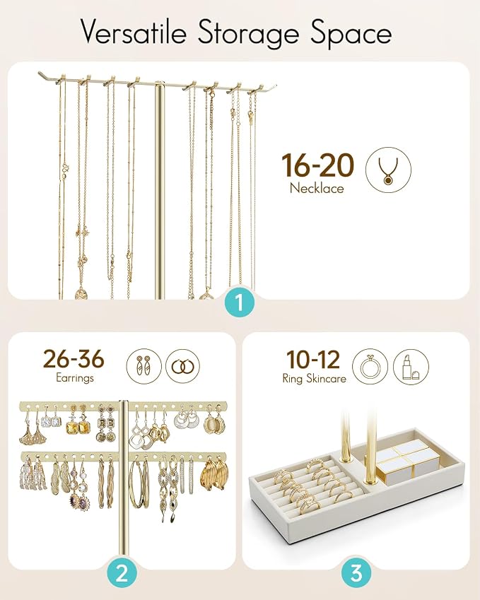VLANDO 2 Tier Jewelry Stand Organizer with Tary, Leather Jewelry Holder Display for Women, Gold Jewlery Holder Stand for Necklace, Earring, Bracelet, Rings - Cloud White