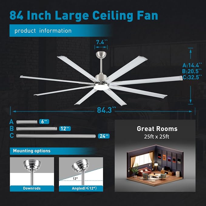 84 lnch lndustrial Celing Fan with Light and Remote Control,Large Celing Fan with 8 Brushed Nickel Aluminum Blades,6 Speed Noiseless DC Motor,Wet Rated Indoor Outdoor Ceiling Fans for Patio,Garage
