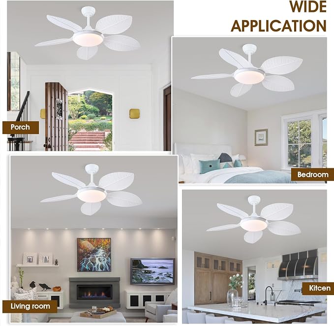 Wiviniya 48 Inch Tropical Ceiling Fans with Lights, Palm Leaf Outdoor Ceiling Fan with Light for Patios Porch Bedroom Living Room, Remote/APP Control, Reversible Quiet DC Motor, Dimmable LED, White