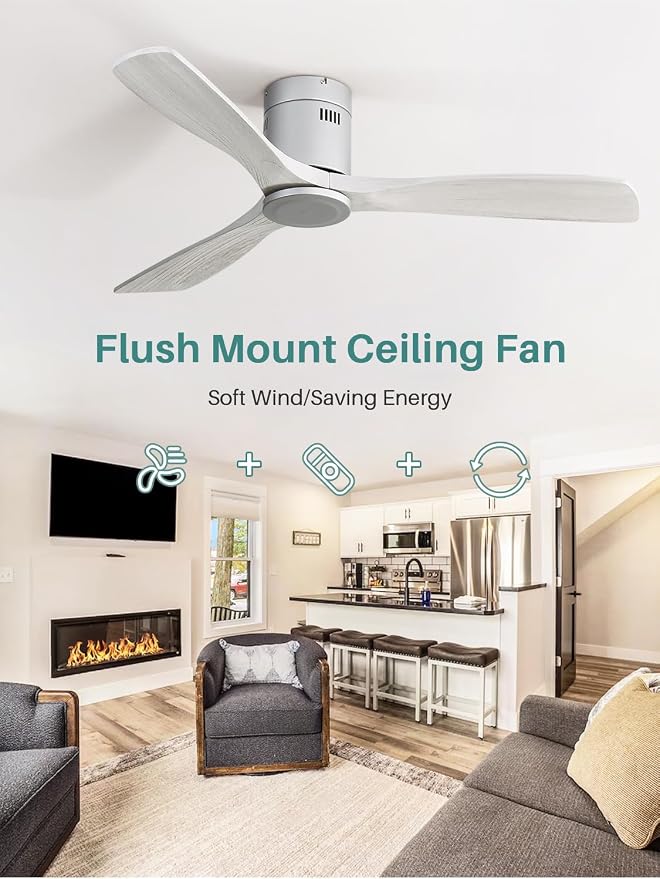 Sofucor Ceiling Fan, 52 Inch, Low Profile, DC, 3 Carved Wood Blades, Flush Mount, Noiseless, Reversible Motor, Remote Control, Without Light, Silver+Grey