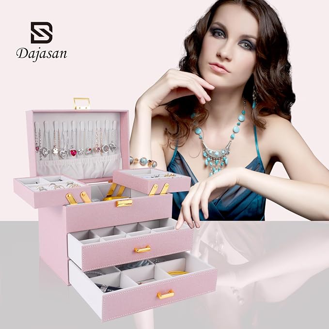 Dajasan Jewelry Organizer Box, Large Jewelry Boxes for Girls, Space-Saving 4 Layers Jewelry Storage Case with Drawer, Gift for Women, Movable Metal Stand, Modern (Pink+ Gold)