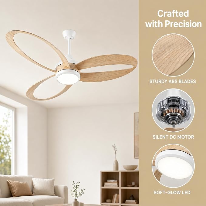 52 Inch Ceiling Fan with Light, Flush Mount Ceiling Fan, White | Quiet DC Motor, 6 Speeds & 3 Color Temperatures, Dimmable LED, Reversible for Bedroom Living Room Patio
