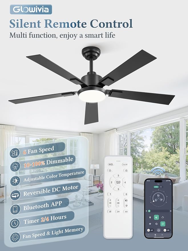 52 Inch Ceiling Fans with Lights and Remote&APP Control, Black Smart Ceiling Fan with 3000-6000K Dimmable, 6 Speeds Quiet Reversible Motor, Indoor/Outdoor Ceiling Fan for Bedroom Living Room