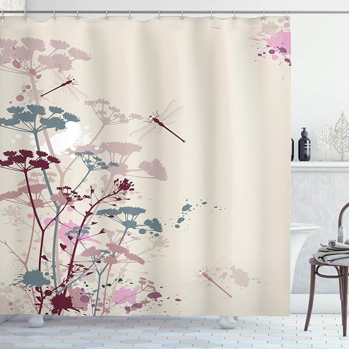 Ambesonne Dragonfly Shower Curtain, Plants Petals with Dragonfly Soft Color Design with Grunge Effects Vintage Style, Cloth Fabric Bathroom Decor Set with Hooks, 69" W x 70" L, Grey Yellow