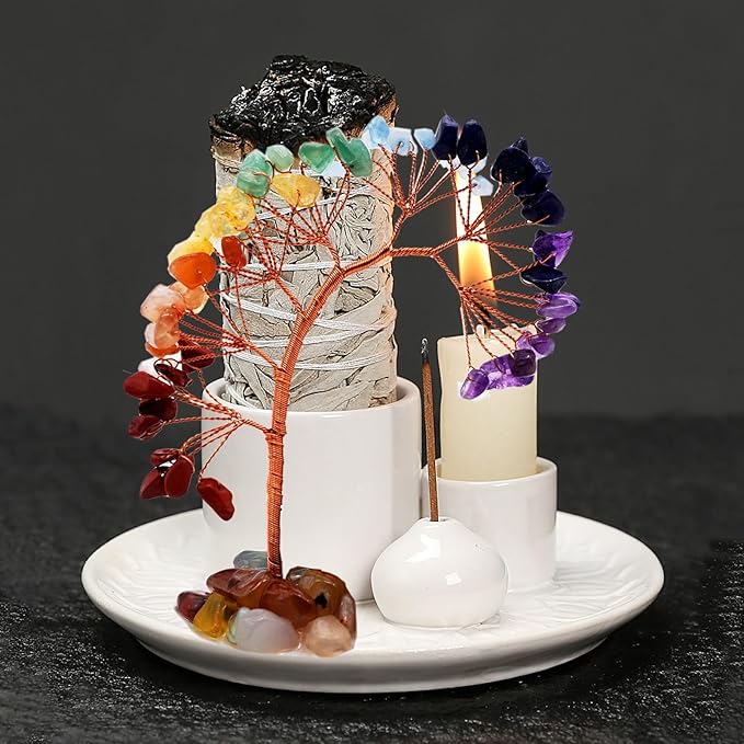 5 in 1 Incense Burner Holder with Crystal Healing Tree, Palo Santo Holder, Sage Holder, Incense Holder for Sticks/Cones/Candles, Ceramic Tray Ash Catcher for Burning Incense, Meditation Gift (White)