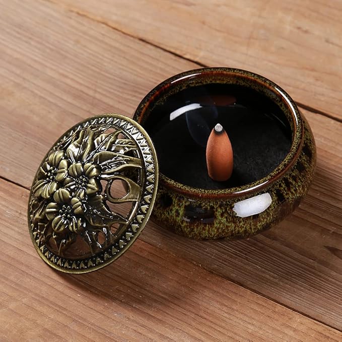 Incense Burner with Calabash Incense Stick Holder - Porcelain Charcoal Censer for Use with Resin Granular Powder Cone or Coil Incense (Fambe Green)