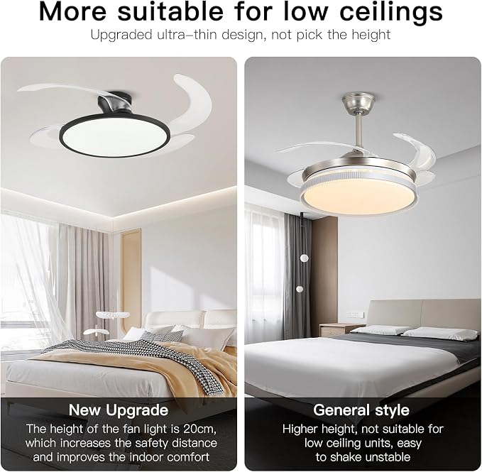 AHAWILL 48 Inch Retractable Ceiling Fan,Low Profile Ceiling Fan with Light and Remote,Modern Black Fan with Retractable Blades for Dinning Room Living Room Bedroom,Dimmable,Timer Setting
