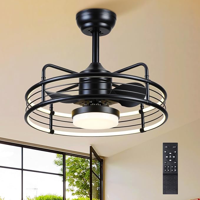 SHIHOT 20" Caged Ceiling Fans with Lights - Bladeless Black Ceiling Fans with Remote, Reversible and Dimmable,Industrial Ceiling Fans with 6-Speed for Bedroom Kitchen