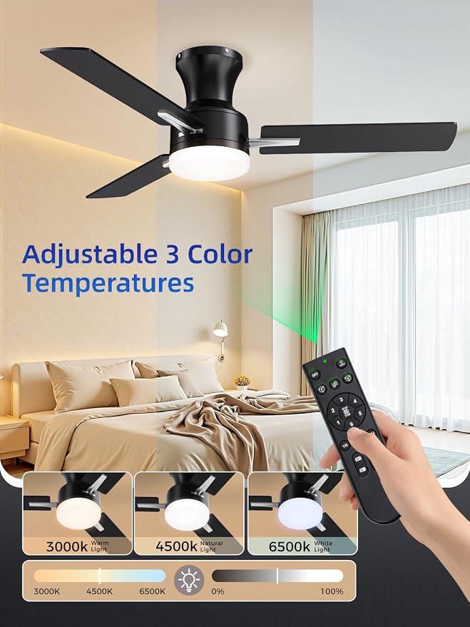 LANMEL 42 Inch Flush Mount Ceiling Fan with Light, App&Remote Control, Low Profile Modern Ceiling Fan, 6 Speed, Reversible, 3000k-6500k Dimmable LED, Quiet DC Motor for Indoor Outdoor,Black Silver