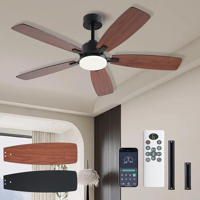 NKPU 52inch Ceiling Fans with Lights, Low Profile Ceiling Fan with Light and Remote/App Control, 2 Downrods, DC Reversible Motor, Noiseless, Dimmable Brown Ceiling Fan for Bedroom Livingroom