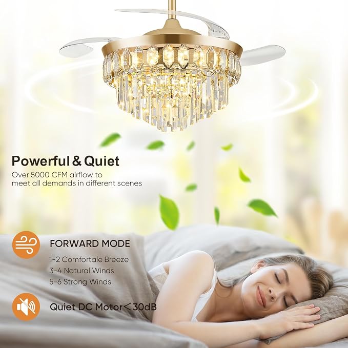 FIDGRA 42 Inch Fandelier Ceiling Fan with Light, Retractable Ceiling Fan with Lights Chandelier Fan for Bedroom, Living Room, 3 Color Temperature, 6 Wind Speed-Gold