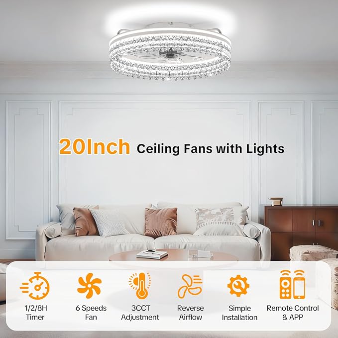 20" Ceiling Fan with Lights, Flush Mount Ceiling Fans, Ceiling Fans with Lights and Remote, 6 Speeds Dimmable Ceiling Lights with Fans, Quiet Modern Ceiling Fan for Bedroom Living Room