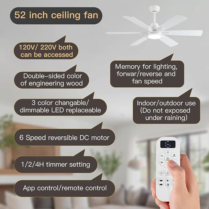 OURSTAR Ceiling Fans with Lights and Remote Control, White Ceiling Fan with Light 3-Color LED Dimmable, Memory for Lighting and Fan Reversible, 6-Speed, Timer, Indoor/Outdoor Use, 52 Inch