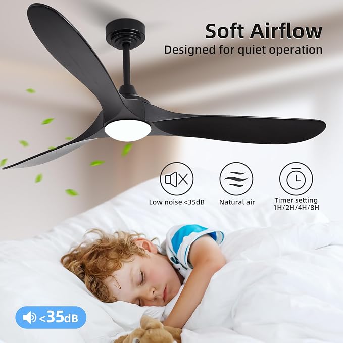 60” Outdoor Ceiling Fan with Light 3 Downrods, Smart Wood Ceiling Fan Compatible with Alexa/Google/App, 3 Blades Modern Black Wood Ceiling Fans for Kitchen Living Room Patio