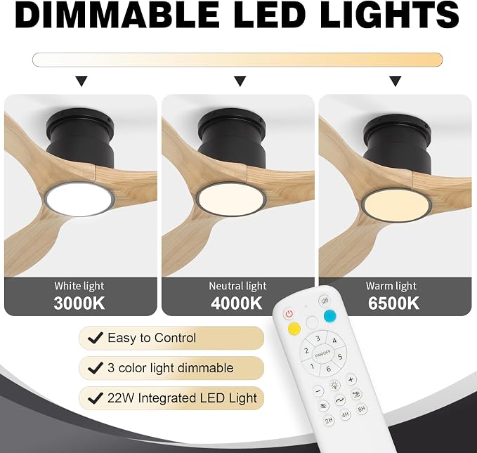 Ceiling Fans with Lights Remote 52inch Solid Amber Color Wood Fan Timing 6 Speeds Silent Reversible DC Motor 3CCT LED Light with Memory Lighting Function Indoor Outdoor Fan Farmhouse Bedroom